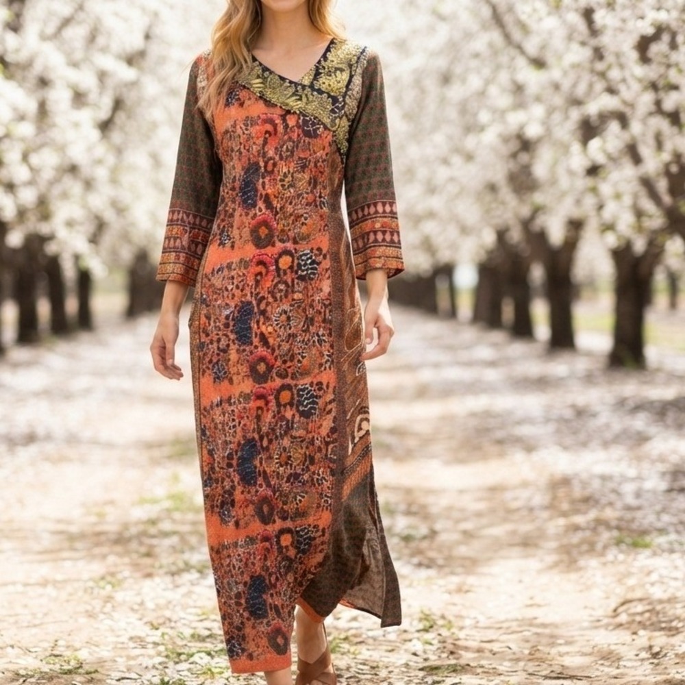 Soft Surroundings Embroidered Peacock Maxi‎ Dress Boho Paisley Metallic Gold S
